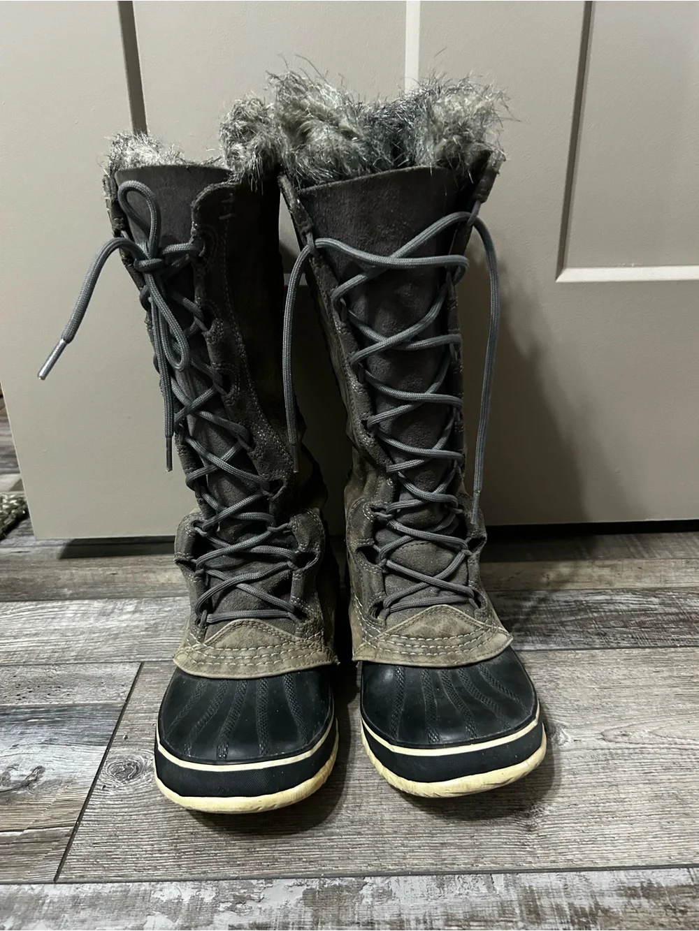 Sorel Cate The Great Tall waterproof winter snow boots faux fur lace up grey